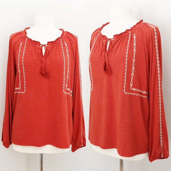 Garnet Hill Organic Cotton Tencel Blend Cross Stitch Embroidered Peasant Top M - Picture 1 of 14